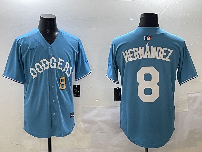 Men Los Angeles Dodgers 8 Hernandez Light Blue Throwback Game 2025 Nike MLB Jersey style 11